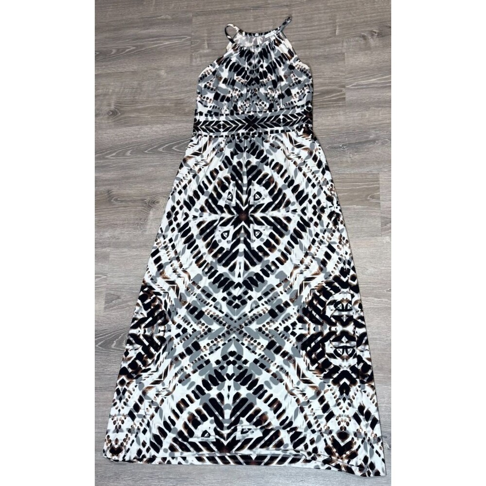London Times Boho Maxi Dress 14 XL Tribal Cream Gray Sleeveless Stretch Coastal